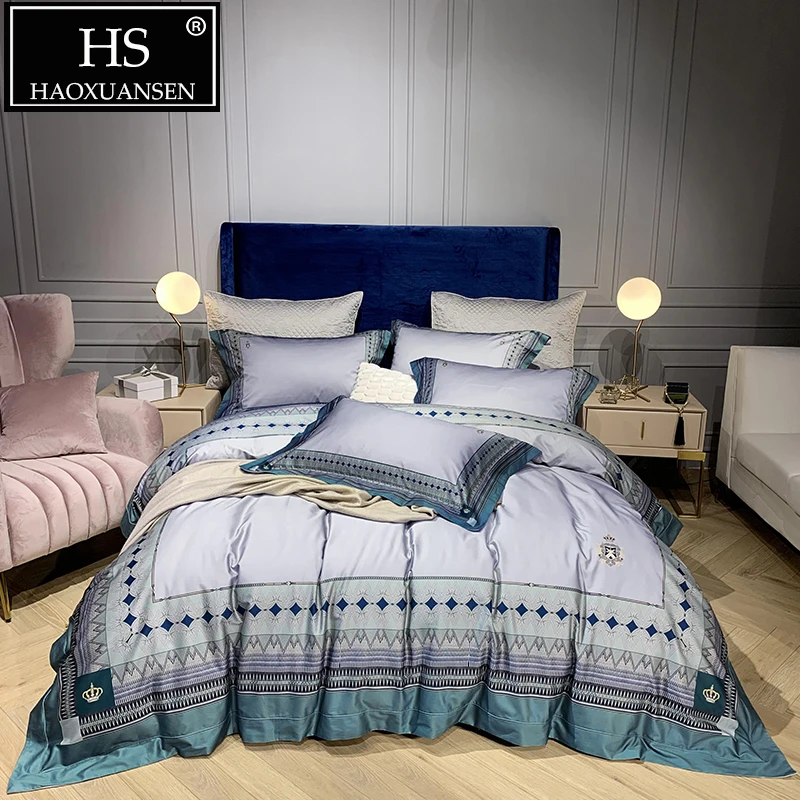 

High Quality 100% Cotton Grey Bedding Sets Retro Design 140S Digital Print Adult Bed Linen Set Queen King Size 4pcs Sheets Set