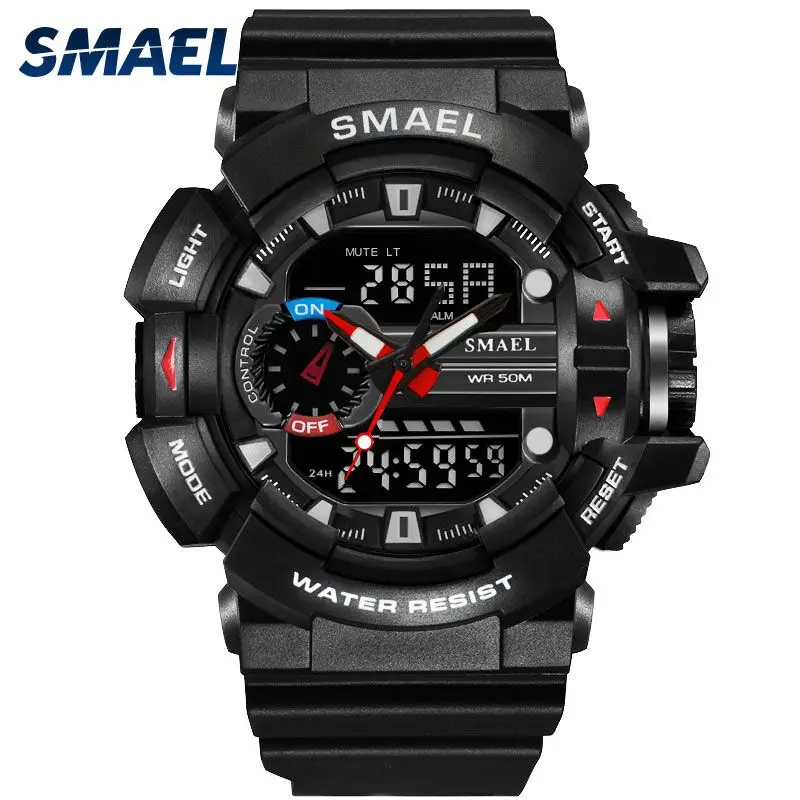 

Sport Watches Black SMAEL Man Waterproof Black Original Chronograph Men Watch Big Dial 1436 LED Clocks Quartz Wristwatches Men