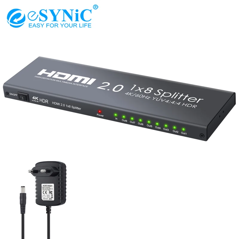 ESYNiC HDMI 2 0 сплиттер 1x2 1 в 8 Выход усилитель распределения поддержка 4 к/60 Гц YUV 4:4:4 HDR
