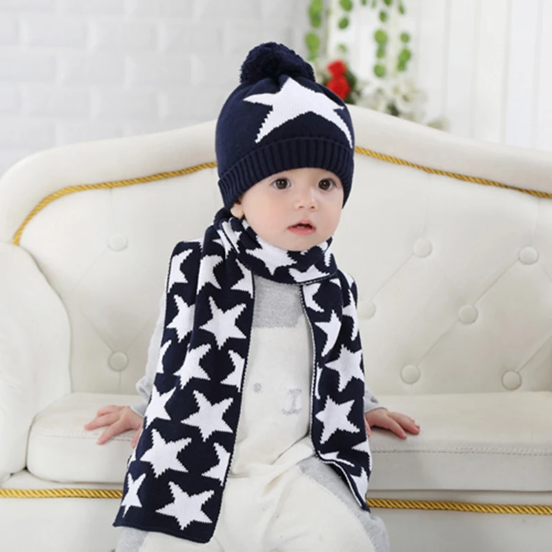 

Hot sale 3Pcs/set Children All-Matching Dark Blue Star pattern Baby Hat Keep Warm Winter Baby Boy Cap