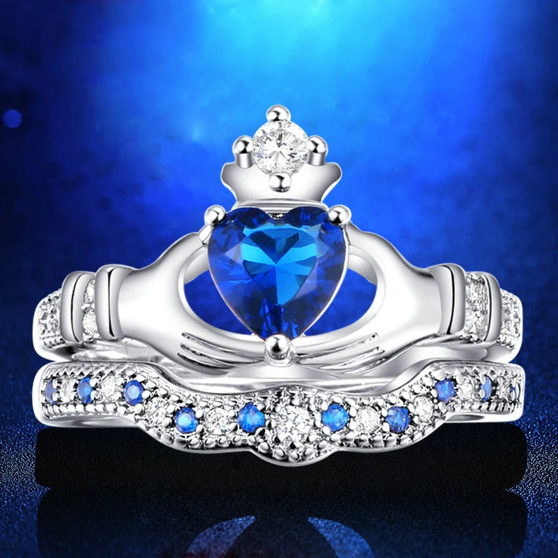 Холдинг Создан Blue Crystal любовь Сердце Цирконий Корона Обручальное Кольцо Наборы Серебристый Цвет Синий Кристалл ZYR616