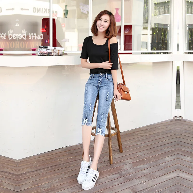 Джинсовые Капри женские узкие джинсы стрейч Высокая талия плюс размер Короткие