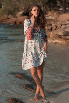 

2019 Bohemian Printed Women Summer Beach Wear Mini Dress Swim Suit Cover Up Plus Size Cotton Tunic Bikini Wrap Cover-ups