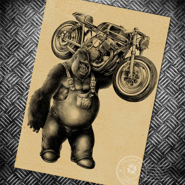 Gorilla Motorcycle Vintage Poster Route 66 Retro Wall Old Painting Gorilla Motorcycle Vintage Poster Route 66 Retro Wall Old Painting Bar Cafe Print Picture Prints Posters