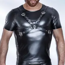 AIIOU Sexy Erotic Mens T Shirt Patent Faux Leather Undershirts Black Tees Tight Shirts Gay Funny