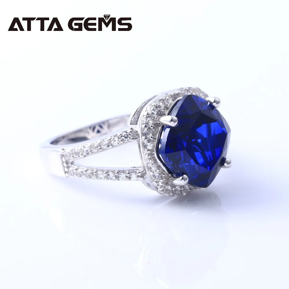 Blue Sapphire S925 Silver Rings for Women Wedding Engagement Birthday Ring 6 Carats Created Sapphire Faced Cushion Gemstone Ring