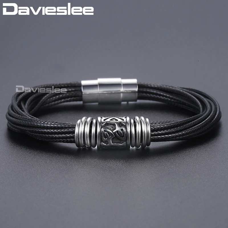 Davieslee, мужской кожаный браслет, черный тон, многослойные плетеные кожаные браслеты для мужчин, нержавеющая сталь, магнитные застежки, LDLB104