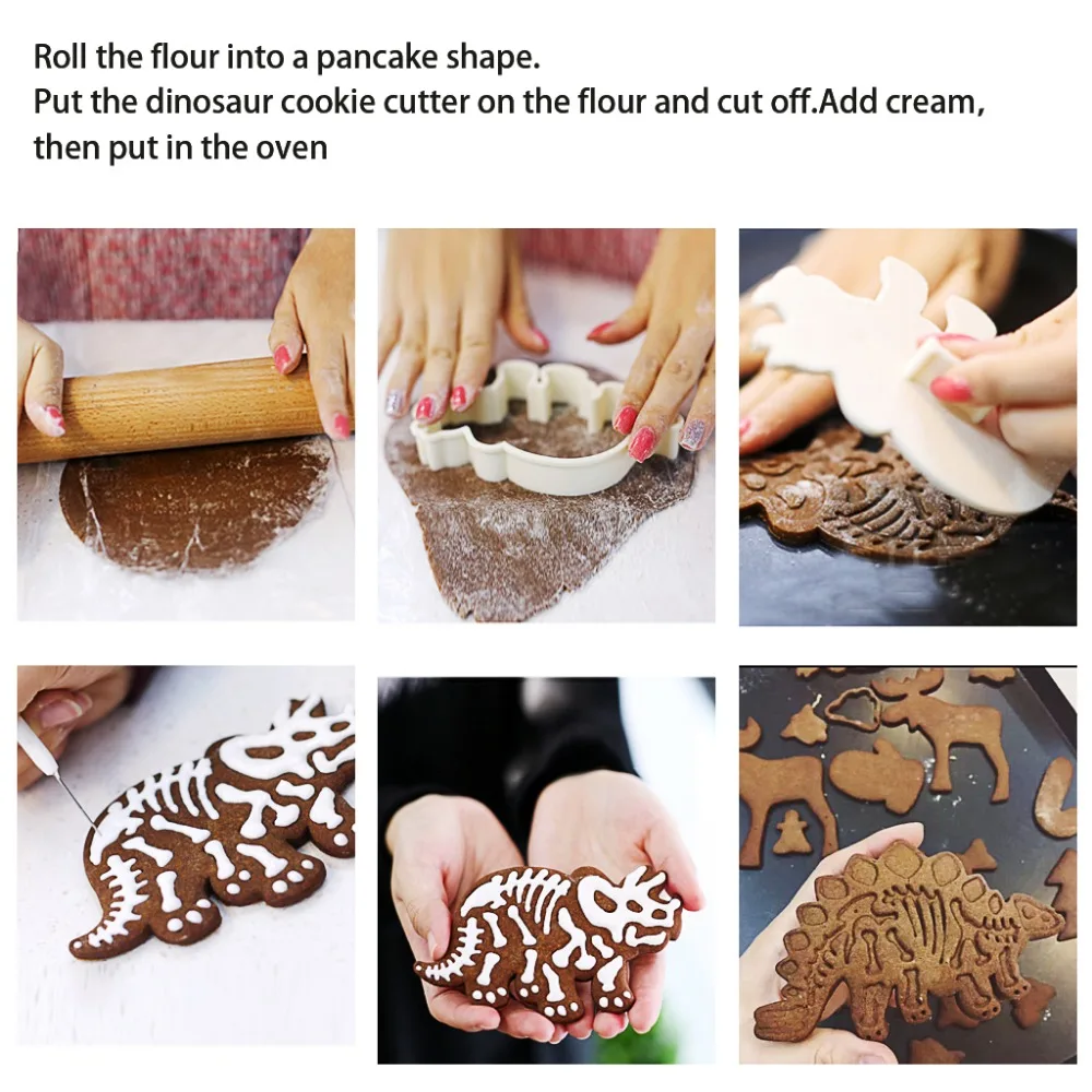 Jurassic Dinosaur Cookie Molds 3 Dinosaur Fossil Cookie Cutters Set Of 6Pcs PVC Stegosaurus Tyrannosaurus Rex Triceratops Molds (5)