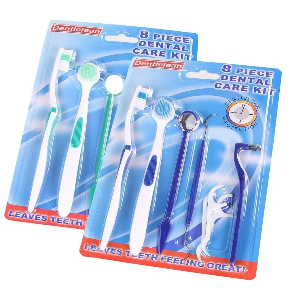 New ORAL DENTAL CARE KIT Mirror Pick Tongue Cleaner Soft Toothbrush Blue Color