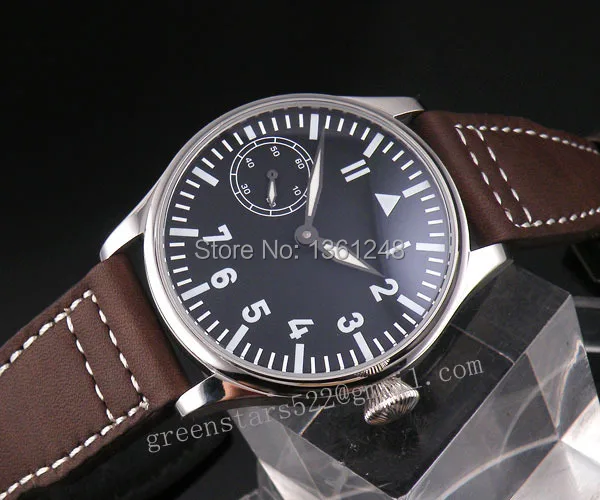 

44mm parnis black dial blue luminous 6497 Mechanical manual wind mens watch 128