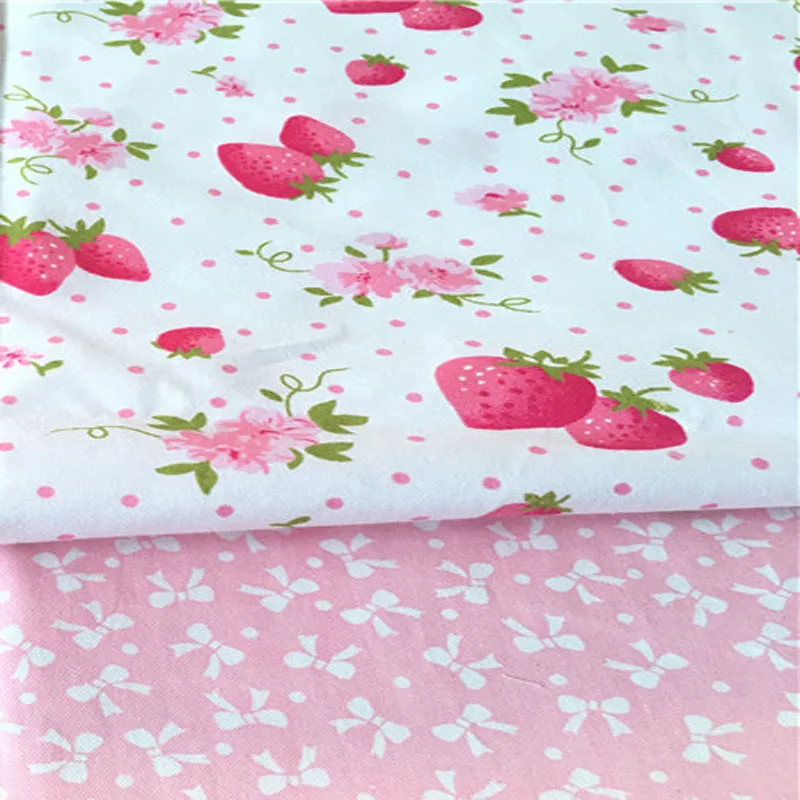 Pretty 50x40cm Pink Fresh Strawberry & Pink Bowknot Dot Cotton Fabric