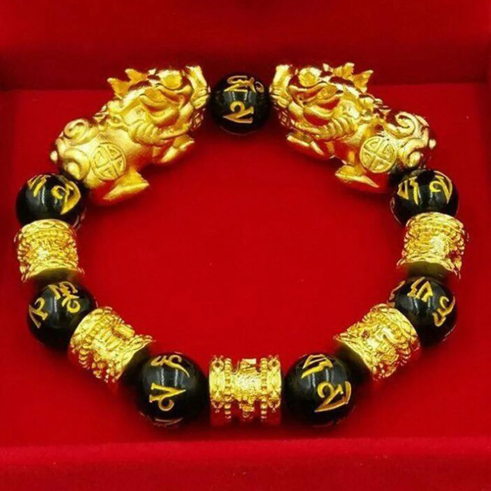 

Natural Obsidian Six Words Mantra Gold Color Beads Pixiu Bracelets 12MM Women's Fashion Bracelet