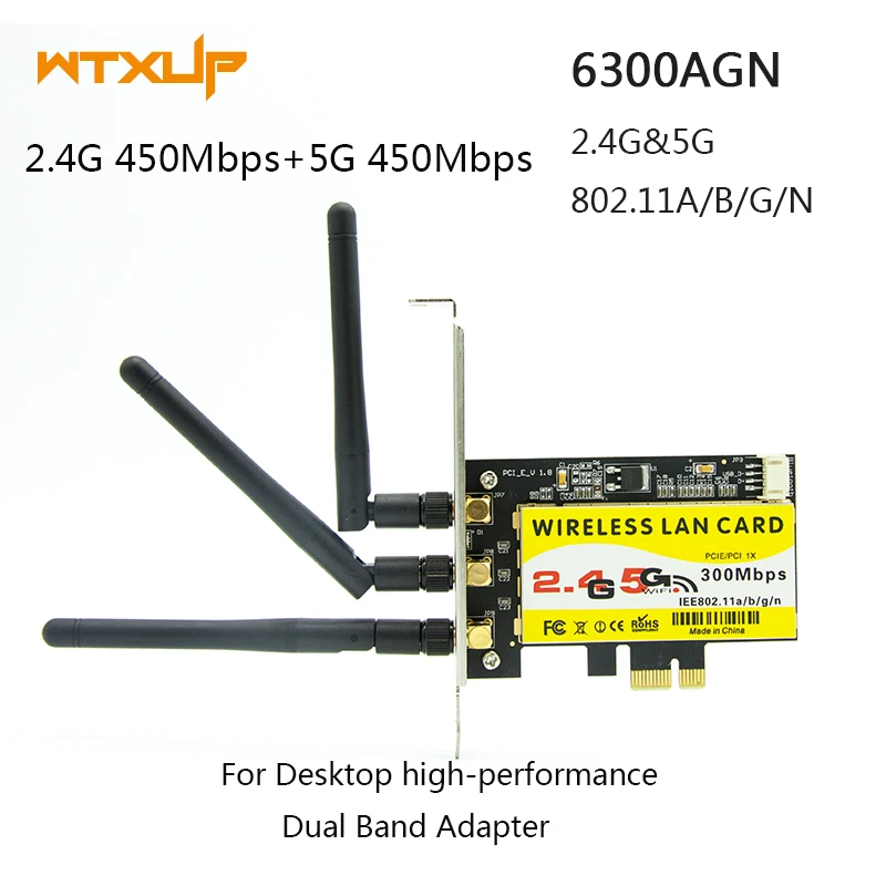 

NEW 6300AGN 900Mbps 802.11a/b/g/n PCI-E Desktop WiFi Adapter PCI Express Wireless Card+3 AC WiFi Antennas For Intel 6300AGN