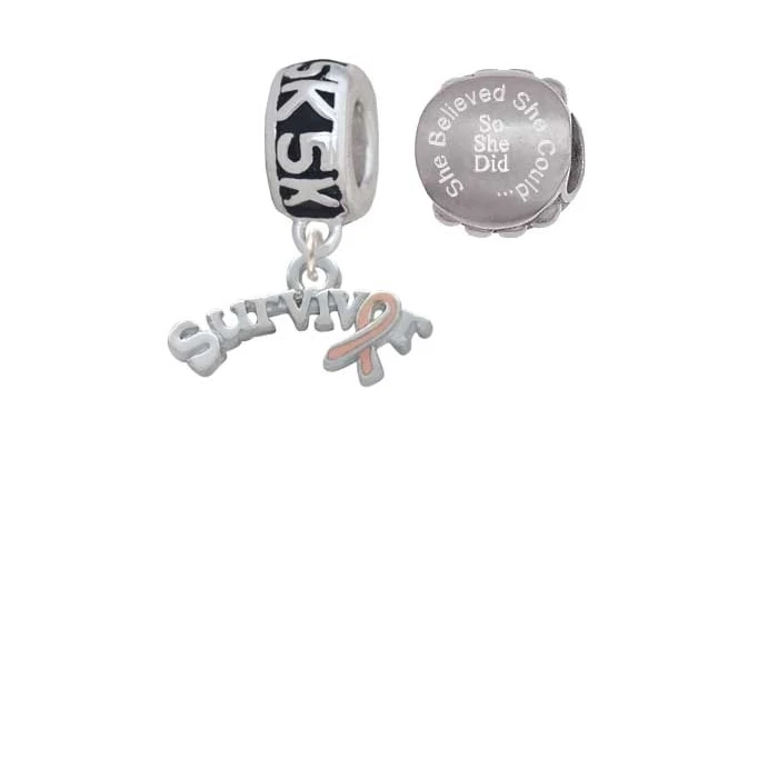 Survivor with Pink Ribbon 5K Run She Believed She Could Charm Beads (Set of 2)