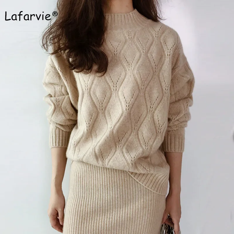 Lafarvie Cashmere Blended Knitted Sweater Women Autumn Winter Turtleneck Hollow Pullover Female Argyle Pattern Loose Sweater