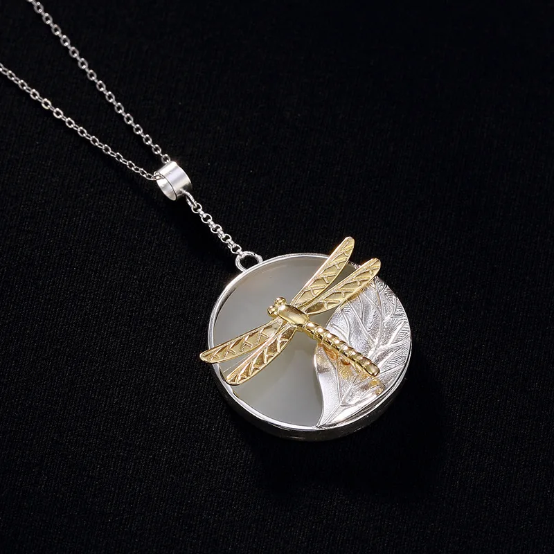 

INALIS New Real 925 Sterling Silver Handmade Fine Jewelry Luxurious Hetian Jade Inlay Dragonfly Pendant Necklace for Women Party