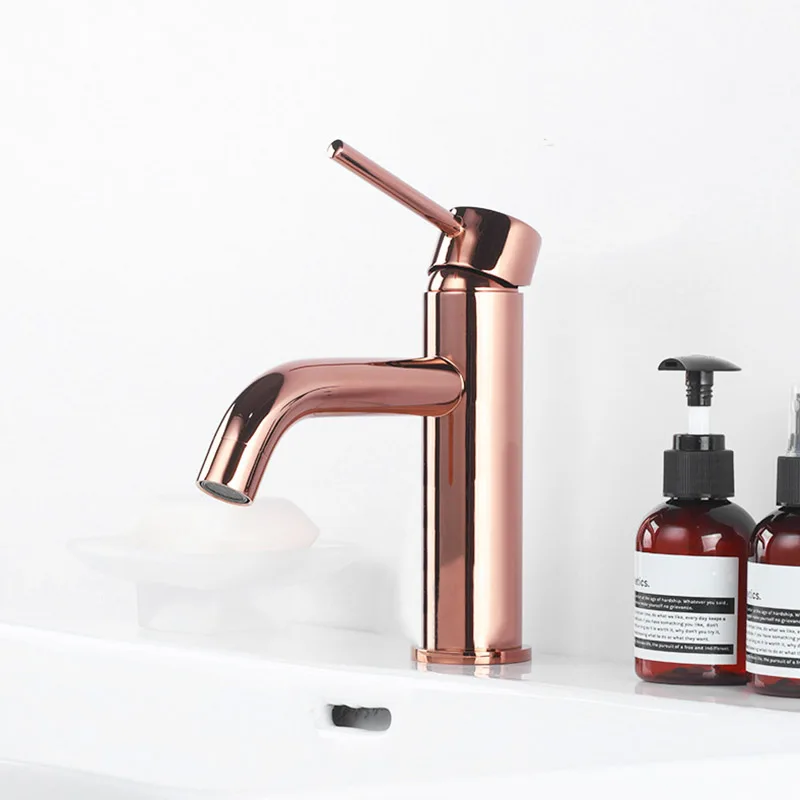 Rose Gold Brass Bathroom Basin Faucet Single Handle Deck Mounted Hot And Cold Bathroom Sink Water Mixer Tap
