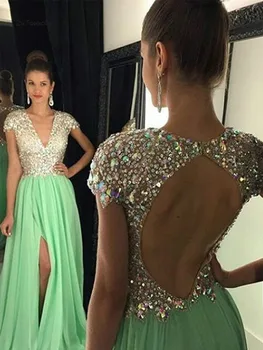 

Green Open Back Evening Dress Long Deep V Neck Rhinestone Beaded Chiffon Fitted Boho Prom Dresses With Slits Long Party Gown