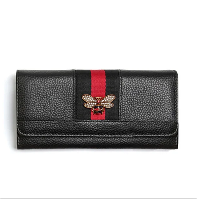 Украшение в виде пчелы клатч кошелек женский простой дизайн натуральная кожа кошелек - Цвет: Черный