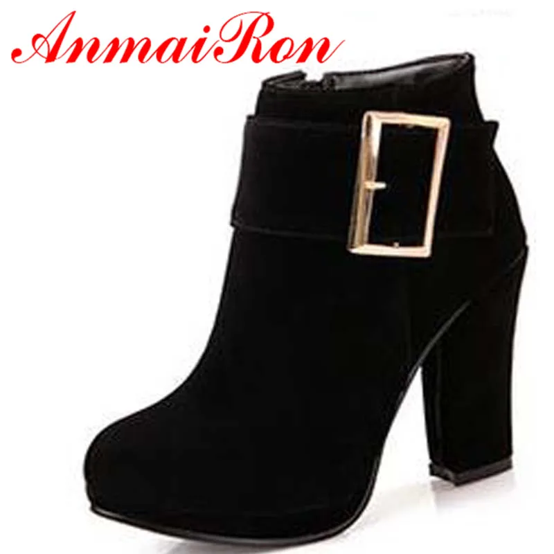 

ENMAYER new 2014 Round Toe Buckle Boots For Women sexy ankle boots heels fashion winter shose cusual snow boots shose