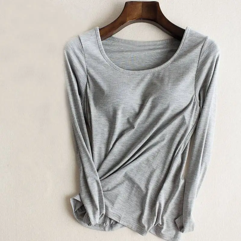 Mferlier Autumn Summer Basic T Shirt Women Solid O Neck Long Sleeve Wine Red Black White Padded Female T Shirt