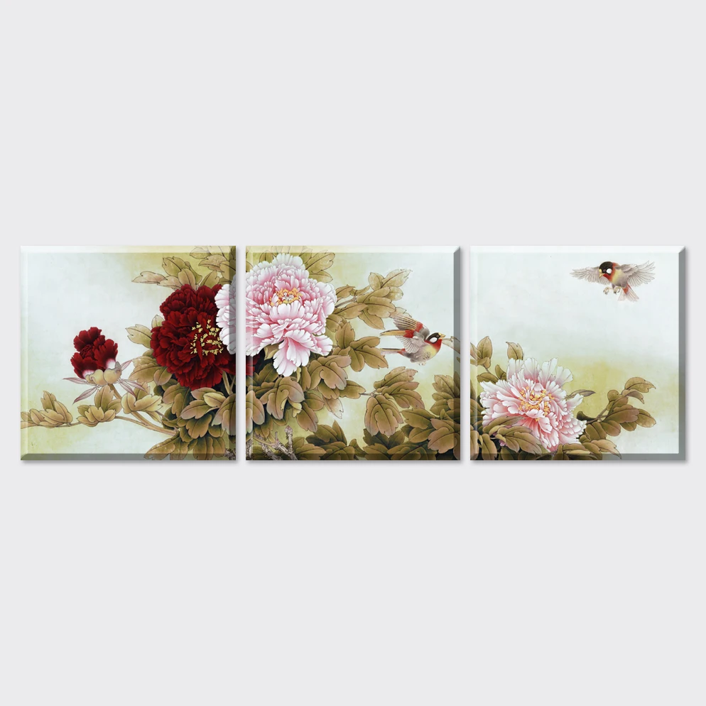 

3 Piece Cheap 2015 new chinese Style Peony canvas painting oil Painting wall pictures Vintage Home Decor for living room poster