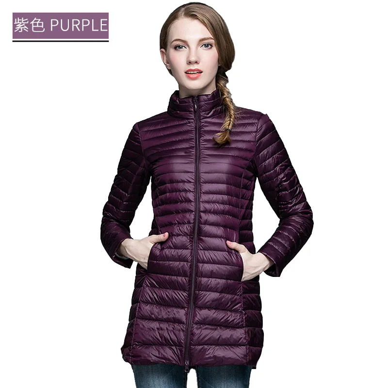 Зимний женский ультра легкий пуховик, 90% утиный пух, Длинные куртки с длинным рукавом, теплые тонкие пальто, женская парка, женская верхняя одежда - Цвет: Purple