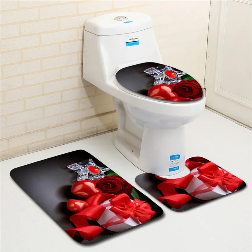 

3pcs Sets Toilet Seat Cover WC Set Non-Slip Fish Scale Mat Bathroom Kitchen Carpet Doormats Washable Rug Valentine's Day Dec#2