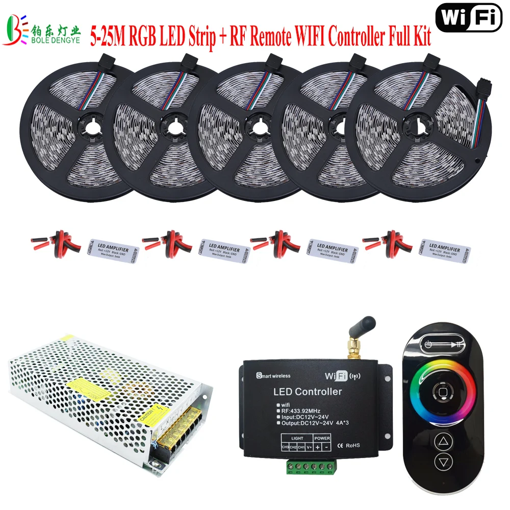 

25M 5050 RGB LED Strip 15M Waterproof IP65 Diode Tape 10M +RF Touch Remote WIFI Controller+Mini RGB Amplifer+ Power Supply DC12V