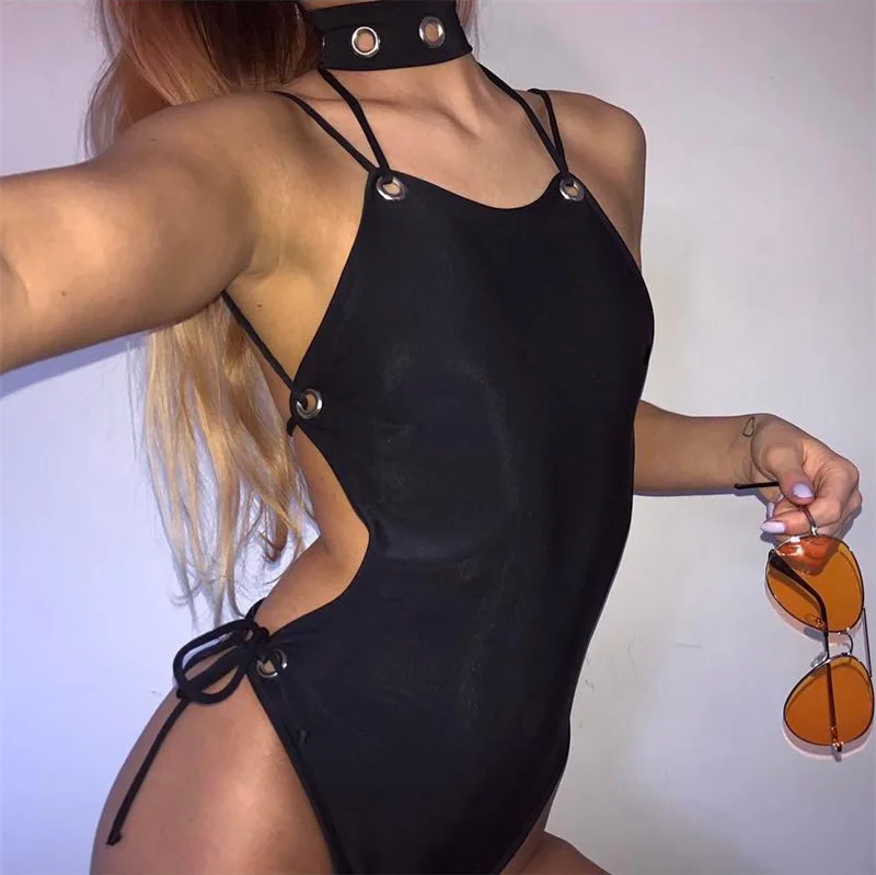 

New 2018 OMSJ Sexy lace Up Black Bodysuit Sleeveless bandage Jumpsuits Bodycon Backless Summer Women Romper Body Suit Overalls