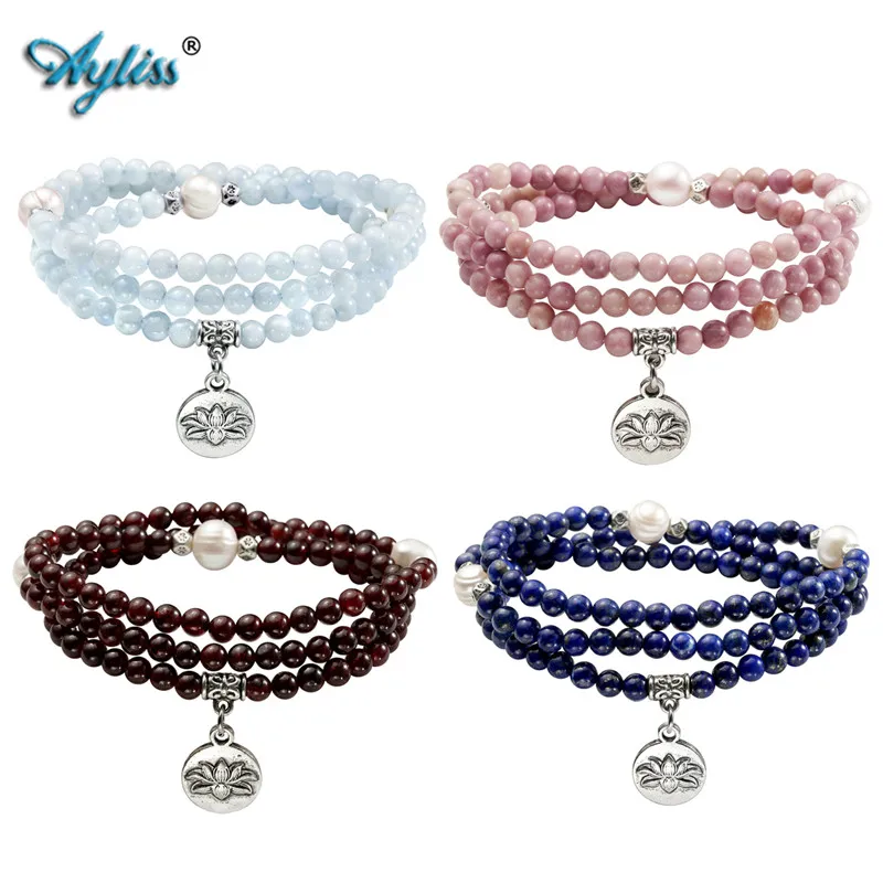 

Ayliss Natural Stone Healing Energy Crystal&Cultured Pearl 108 Beads Lotus Flower Pendant Multi-Wrap Bracelet Buddha Necklace