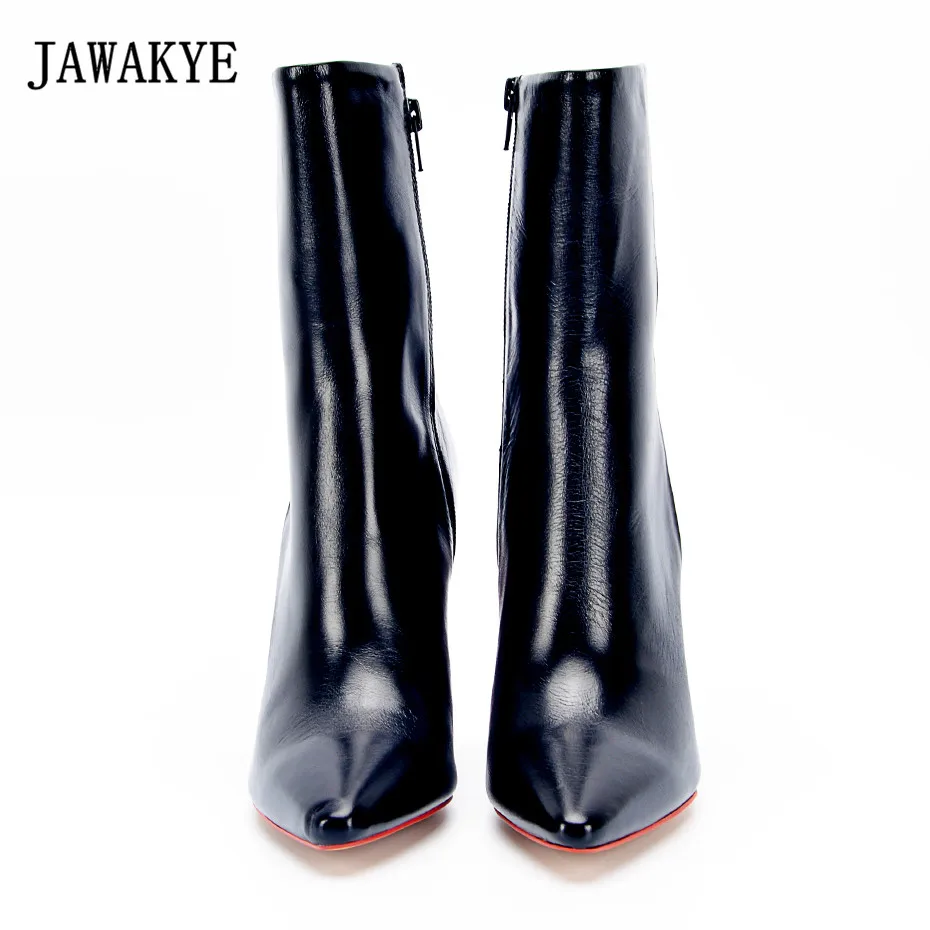 Г., высококачественные кожаные ботильоны для женщин в стиле подиума красного и черного цвета полусапожки с острым носком на высоком каблуке зимняя обувь, bota feminina