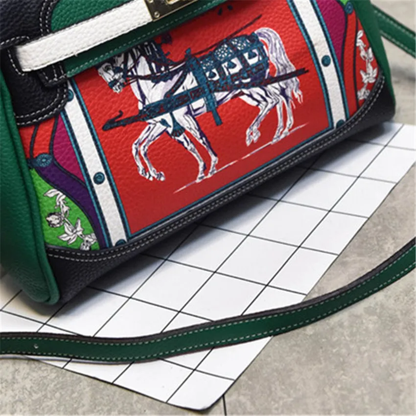 

TOYOOSKY Designer Luxury Print Horse Women Bag Versatile Messenger bag Female Shoulder Bag Litchi Leather Crossbody Lady Handbag