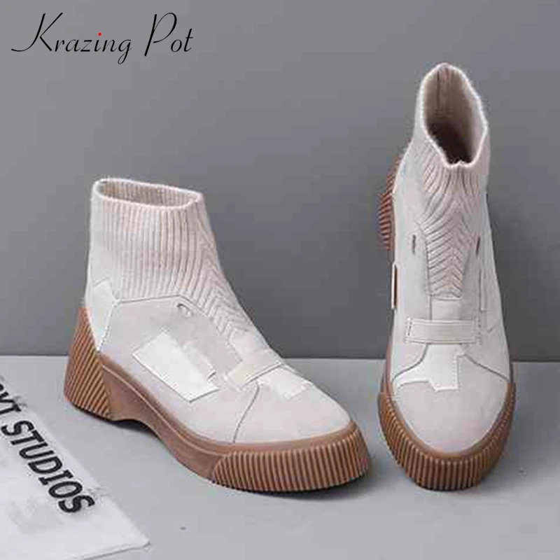 

krazing pot Winter cow suede knitting sock boots med heel sweet lady gorgeous original design platform casual ankle boots L68