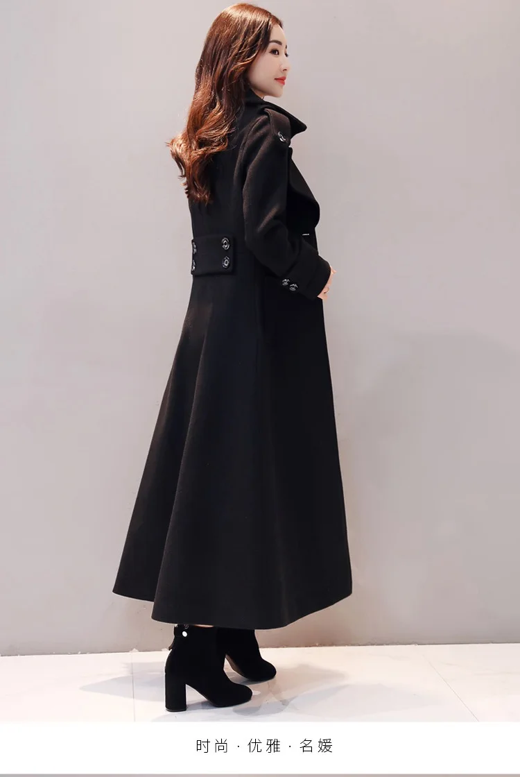 Модное очень длинное шерстяное Женское пальто Осень Зима Новая черная Длинная шерстяная куртка корейского размера плюс толстое теплое Женское пальто