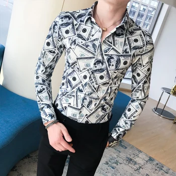 

Autumn hair stylist British shirt men's long-sleeved style Korean version of fashion personality printing tight