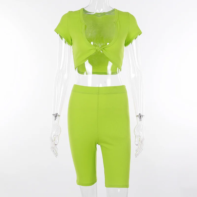 two piece clothing sets women outfits 2019 summer 2 piece set green crop top and shorts set sport jogging femme tracksuit