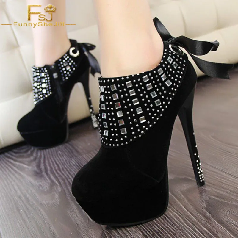 Black Super High Heel Ankle Booties With Bow Rhinestone Platform BootsPolyurethane Spring