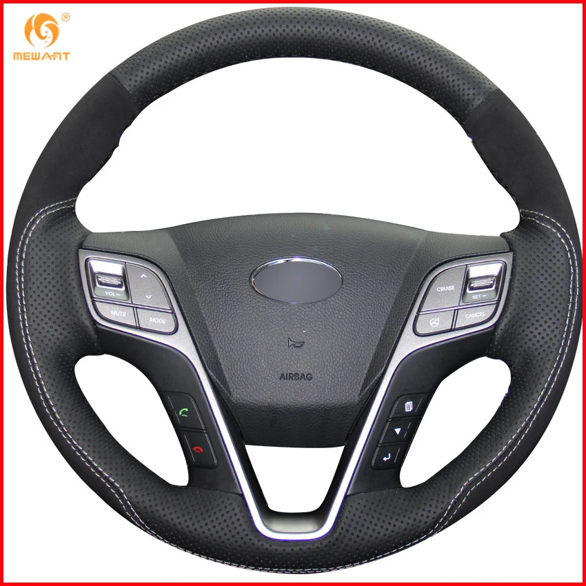 MEWANT Black Genuine Leather Black Suede Car Steering Wheel Cover for