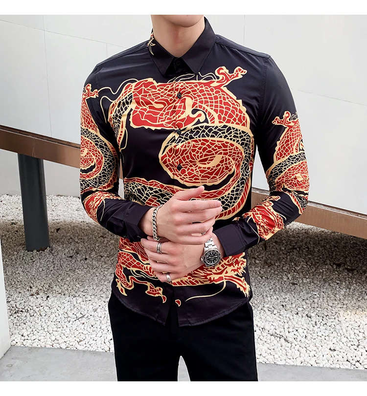Модное платье рубашка Camisa Hombre Повседневная приталенная рубашка с длинными рукавами Мужская Уличная подвеска дракон принт Мужская рубашка