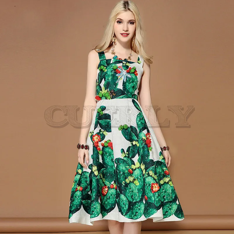 Cuerly 2019 Fashion Summer square collar Dress Women's Sleeveless Crystal Beading Green plant Cactus Printed Casual Dresses | Женская