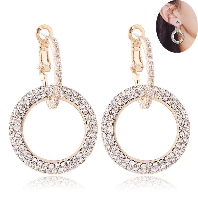 

Fashion Metal Jewelry Gold Silver Geometric Hollow Round Crystal Stud Earrings