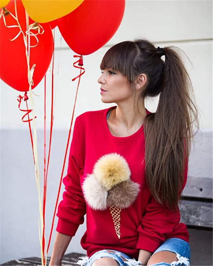 

2018 New Autumn Women Colorful Ice-cream Plush Ball Long Sleeve O-Neck Lady Sweatershirt Novelty Russian Women hoodies