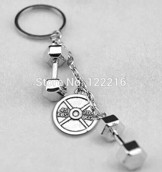 

30pcs a lot antique silver color 25mm dumbbell with Vintage Circle 45LBS 20.4KG Weight Plate sports Gym keyrings