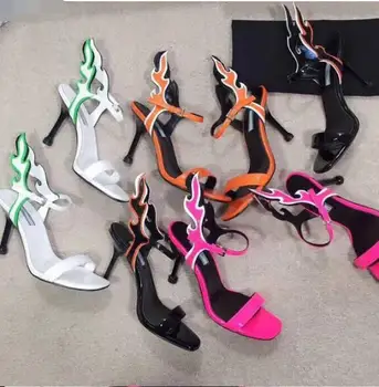 

real photo INS hot woman open toe high heel flame tail sandal fashion woman colorful flame tail high heel sandal real photo