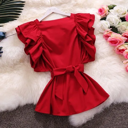 Океанская любовь Твердые оборки Blusas Mujer De Moda бант на шнуровке шифоновая рубашка с круглым вырезом корейские женские топы летние короткие Blusas 11956 - Цвет: Красный