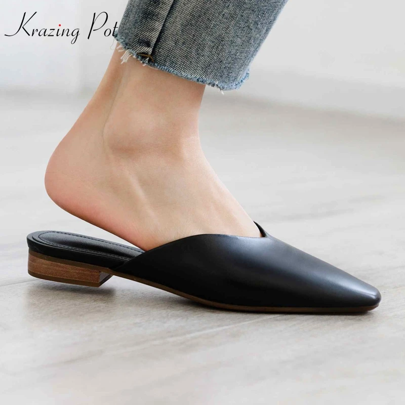 

Krazing Pot 2019 genuine leather classics fashion less is more European mules Summer square toe online star low heels pumps L16