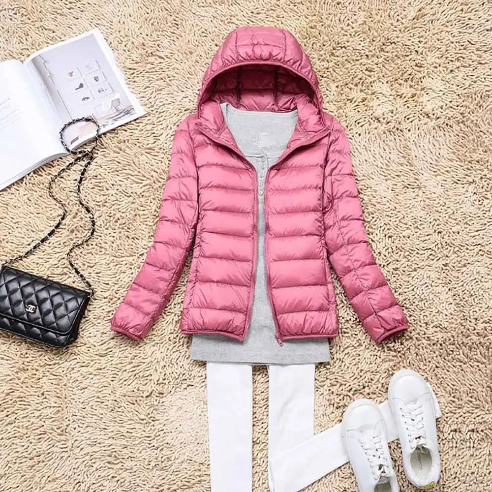 Зимний женский ультра легкий пуховик 90% утиный пух, пальто с капюшоном, куртки с длинным рукавом, теплое тонкое пальто, парка, Женская Весенняя верхняя одежда - Цвет: Pink