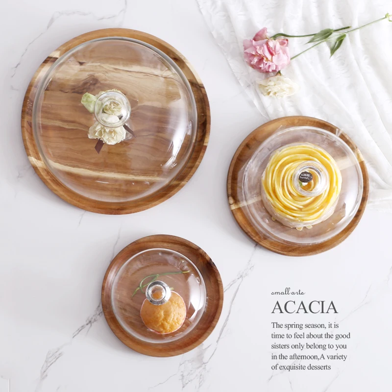 A B Blesiya Acacia Wooden Plate for Cake Fruit Dessert Serving Trays Creative Wedding Birthday Party Afternoon Tea Tray with Cover Wood 