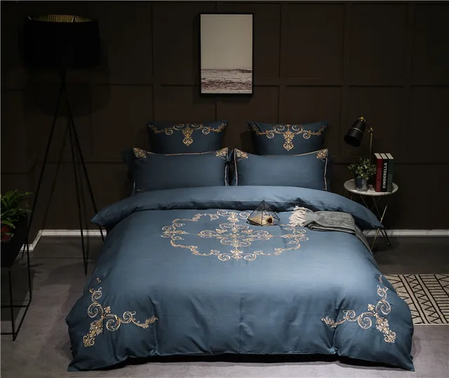 Online Shop 2017 Gold Embroidery Bedding Set Blue Bedlinen
